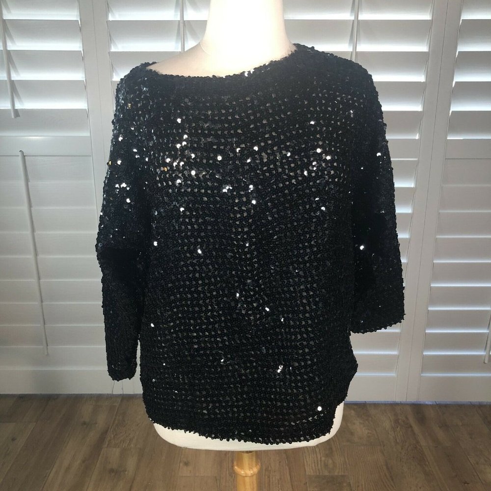 Vtg 90s Contempo Casuals Black Sequin Top Blouse Medium Long Sleeve Dolman